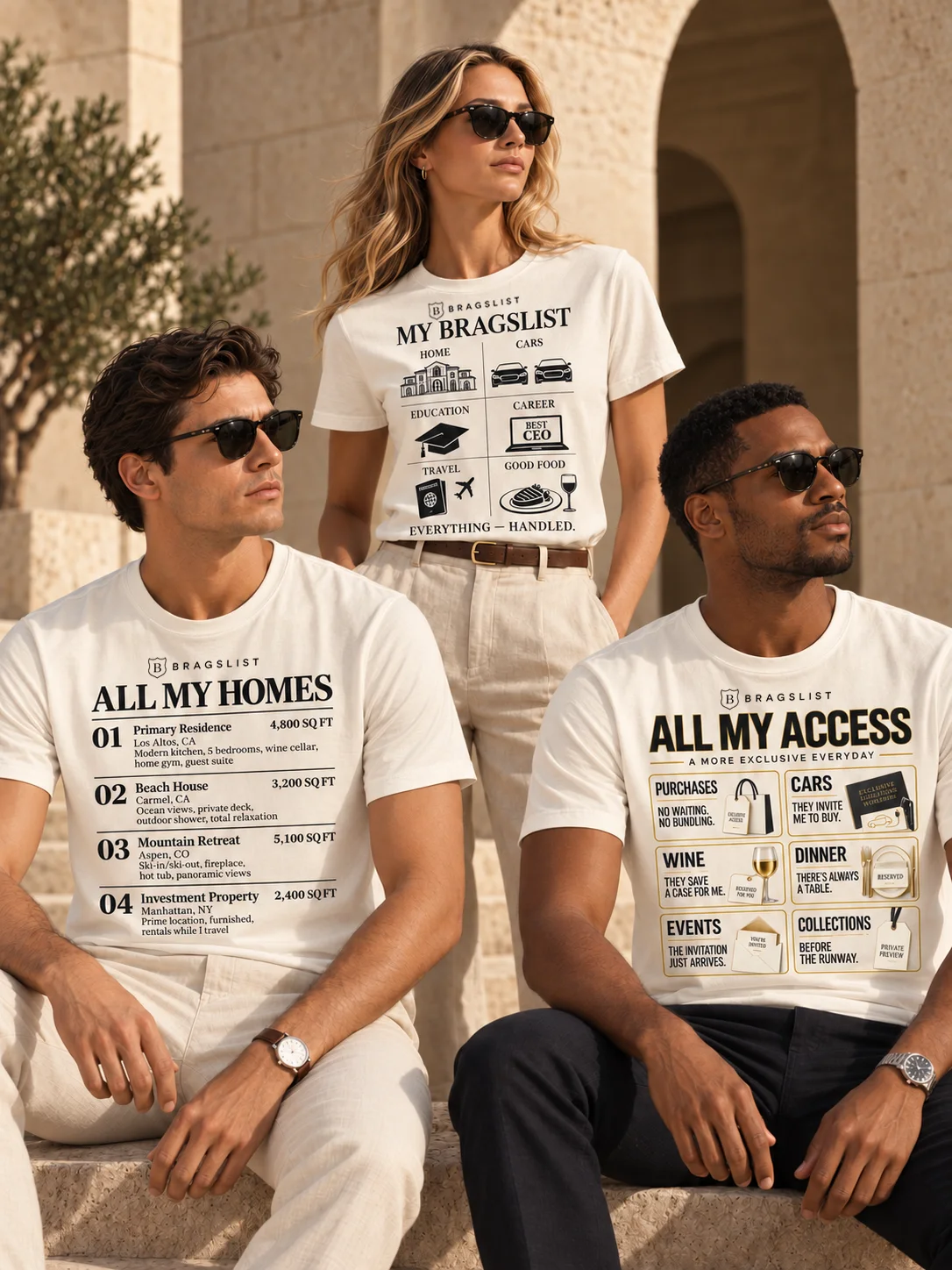 Three stylish models wearing Bragslist shirts, used as a funny campaign ad image.